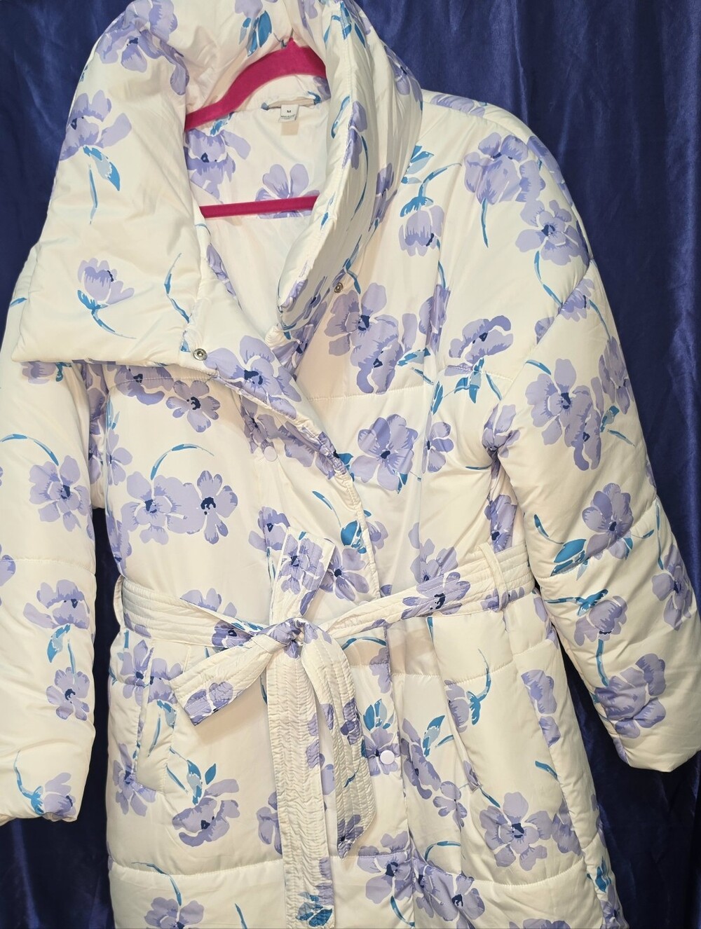 Floral Quilted Belted Puffer Coat - White & Lavender